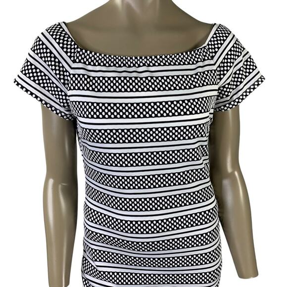 Bisou Bisou Short Sleeve Polka Dots Striped Sheath Dress Size 14 Black & White - Picture 3 of 15